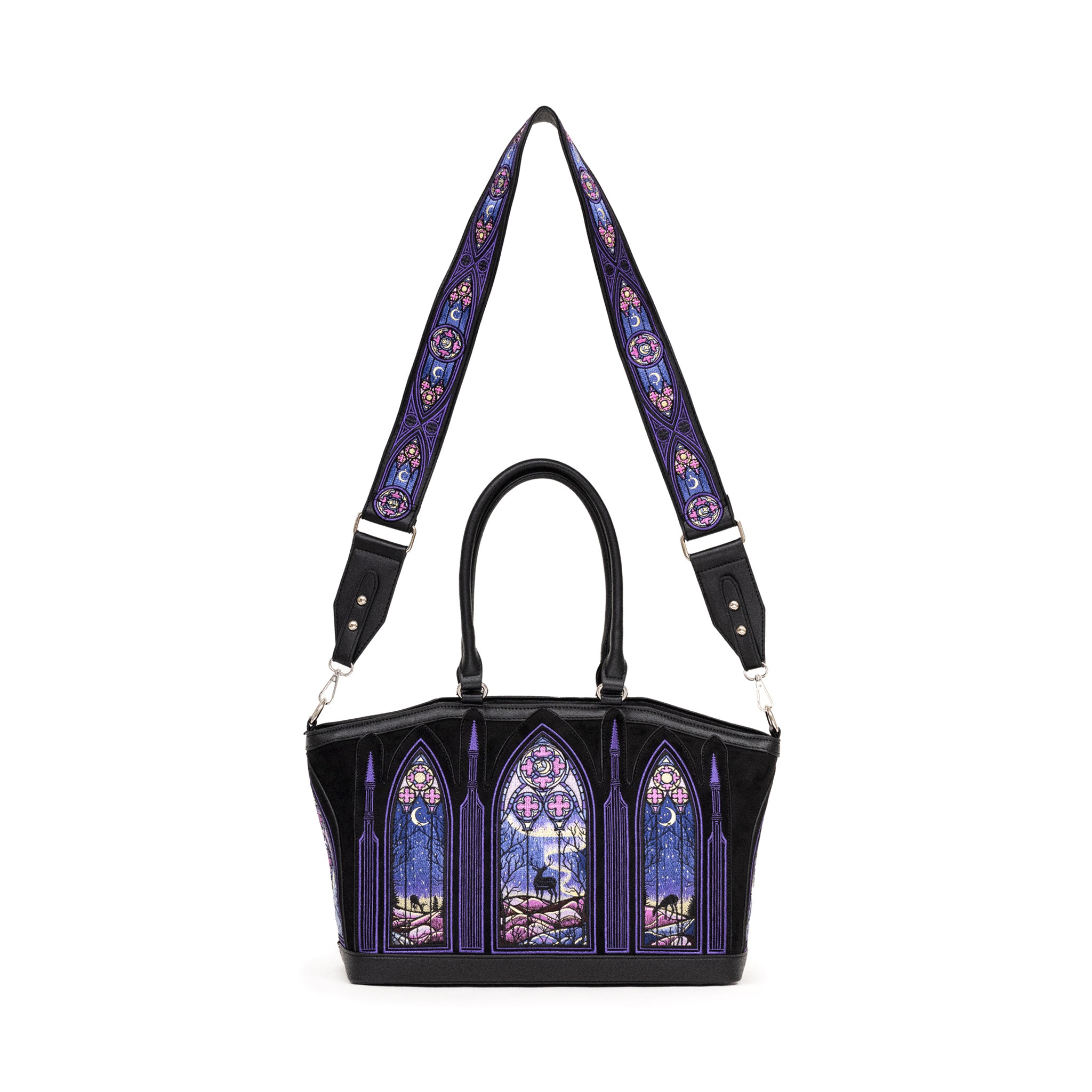 Bolso shopper rígido con diseño bordado de auroras boreales en tonos fríos con correa para bandolera modelo Northern Lights de Restyle vista frontal completa