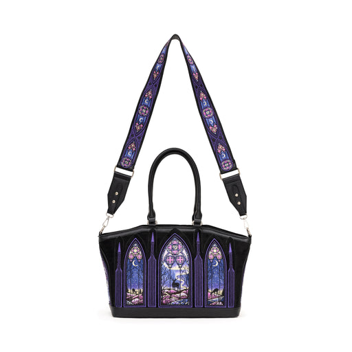 Bolso shopper rígido con diseño bordado de auroras boreales en tonos fríos con correa para bandolera modelo Northern Lights de Restyle vista frontal completa