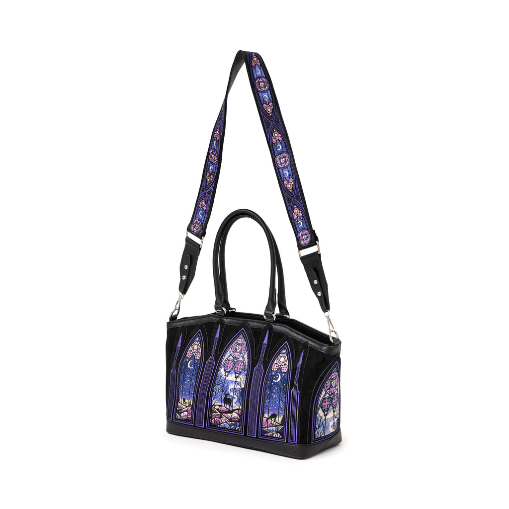 Bolso shopper rígido con diseño bordado de auroras boreales en tonos fríos con correa para bandolera modelo Northern Lights de Restyle vista ángulo completa