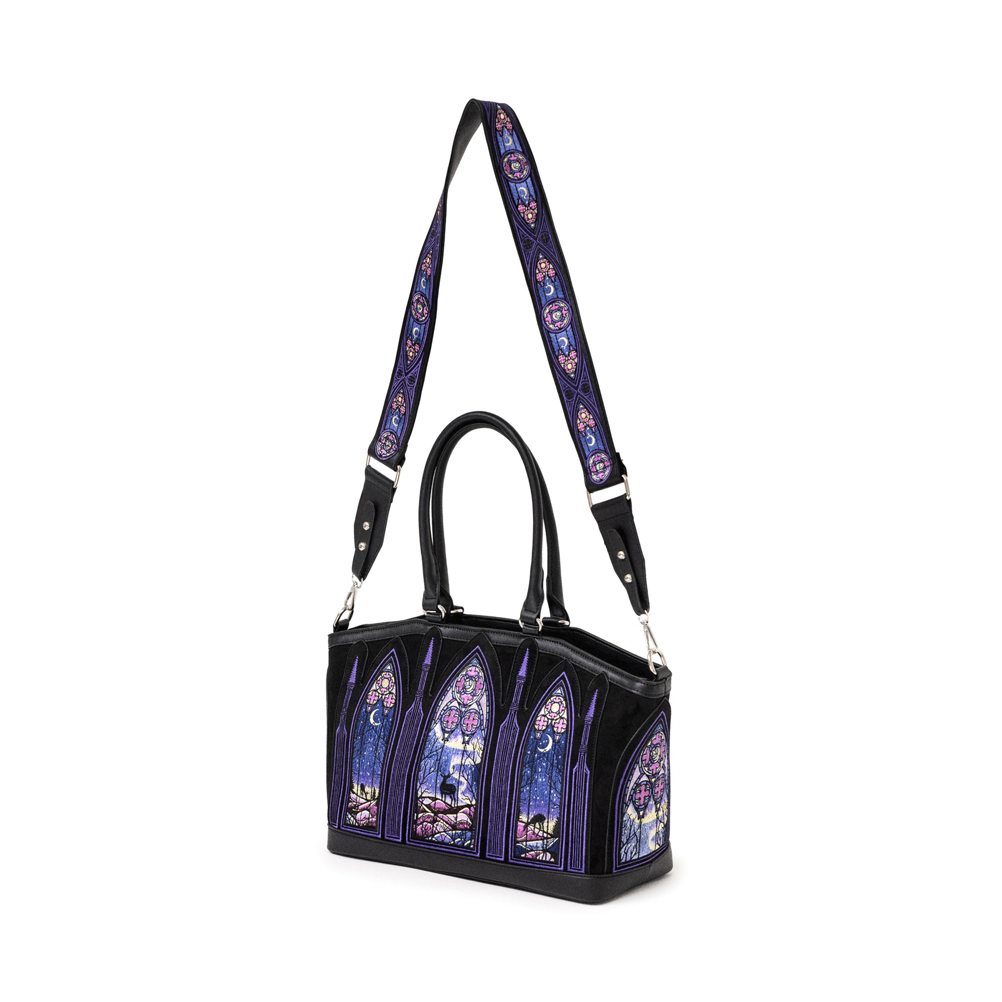 Bolso shopper rígido con diseño bordado de auroras boreales en tonos fríos con correa para bandolera modelo Northern Lights de Restyle vista ángulo completa