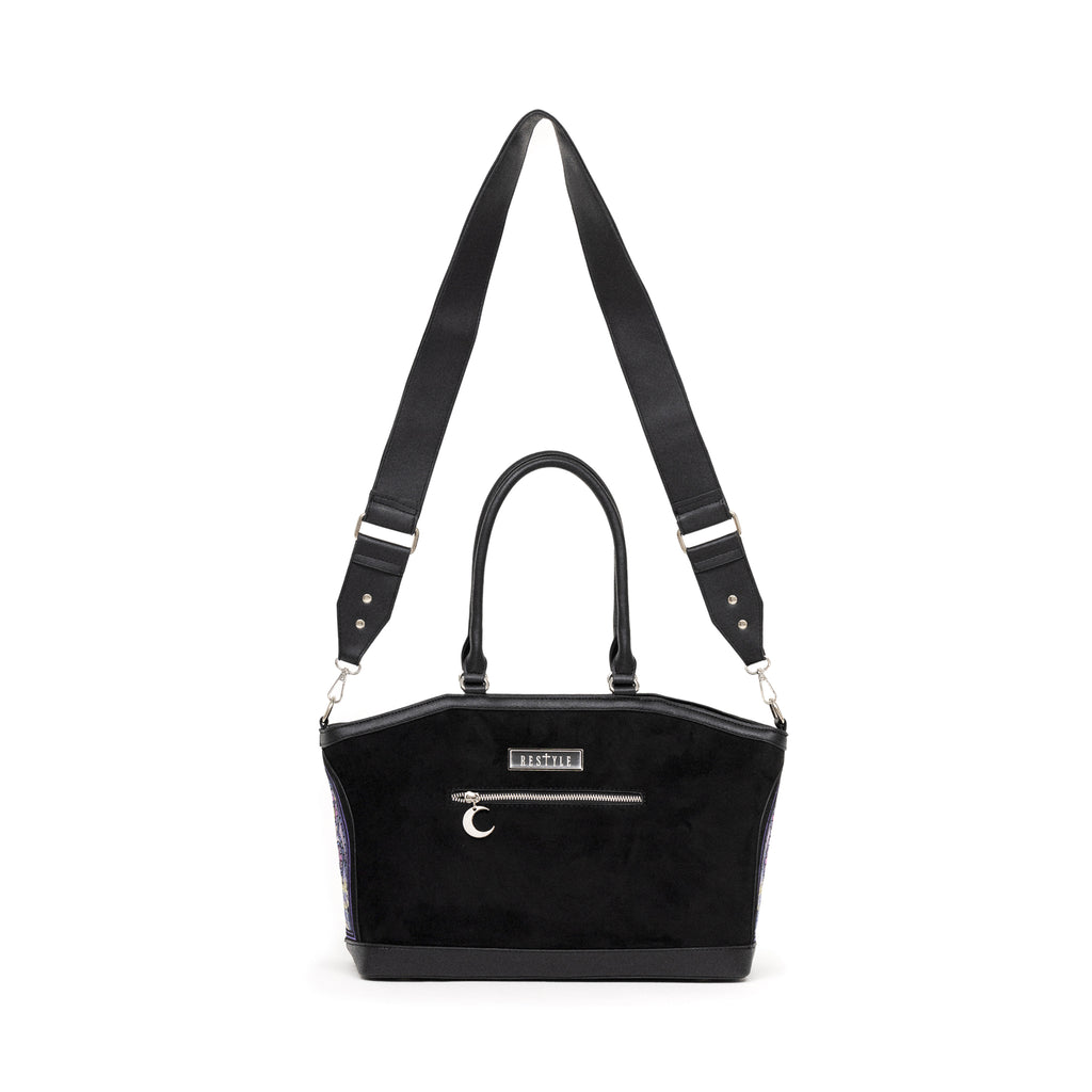 Bolso shopper rígido con diseño bordado de auroras boreales en tonos fríos con correa para bandolera modelo Northern Lights de Restyle vista posterior completa