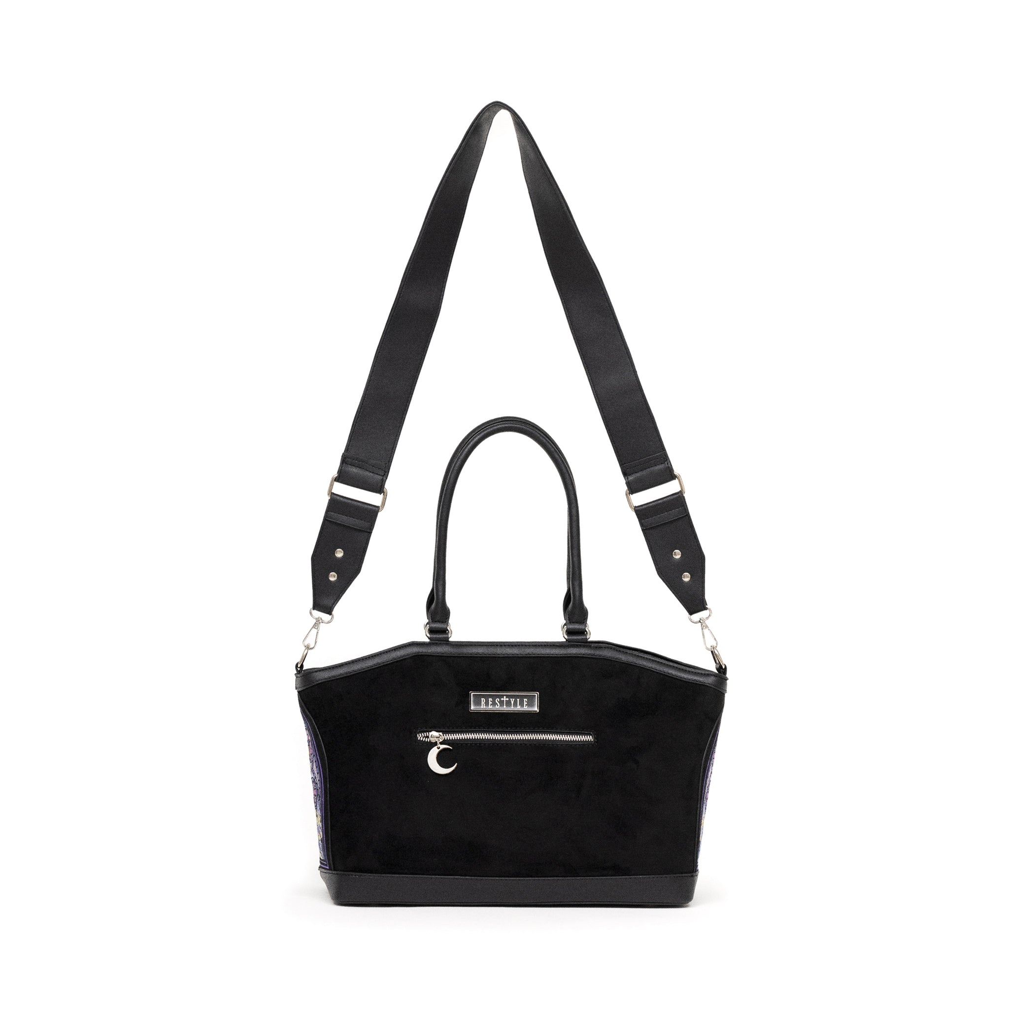 Bolso shopper rígido con diseño bordado de auroras boreales en tonos fríos con correa para bandolera modelo Northern Lights de Restyle vista posterior completa