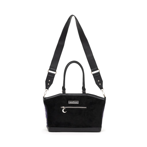 Bolso shopper rígido con diseño bordado de auroras boreales en tonos fríos con correa para bandolera modelo Northern Lights de Restyle vista posterior completa