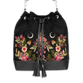  flores y lunas estilo mágico acabado en terciopelo y piel sintética en forma de saco tipo bandolera y bolso de mano de restyle vista frontal