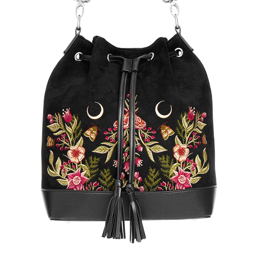 Bolso con bordado de polillas, flores y lunas estilo mágico acabado en terciopelo y piel sintética en forma de saco tipo bandolera y bolso de mano de restyle vista frontal