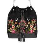  flores y lunas estilo mágico acabado en terciopelo y piel sintética en forma de saco tipo bandolera y bolso de mano de restyle vista frontal