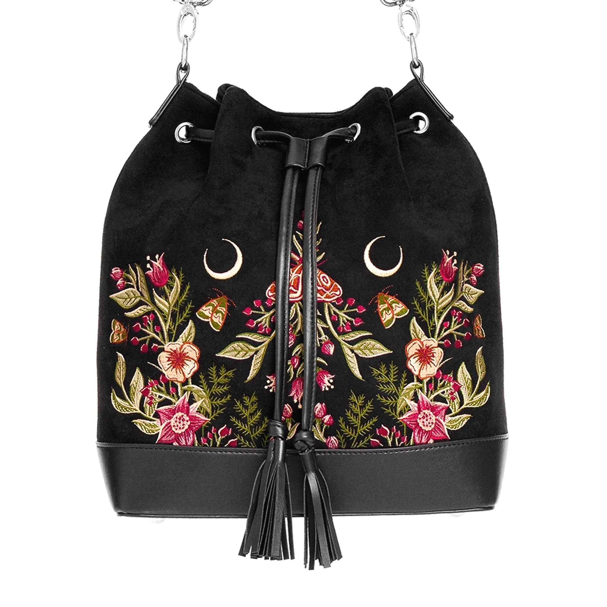 Bolso con bordado de polillas, flores y lunas estilo mágico acabado en terciopelo y piel sintética en forma de saco tipo bandolera y bolso de mano de restyle vista frontal