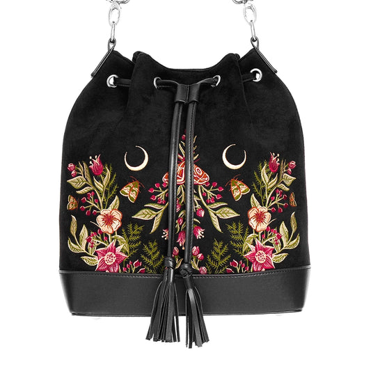 Bolso con bordado de polillas, flores y lunas estilo mágico acabado en terciopelo y piel sintética en forma de saco tipo bandolera y bolso de mano de restyle vista frontal