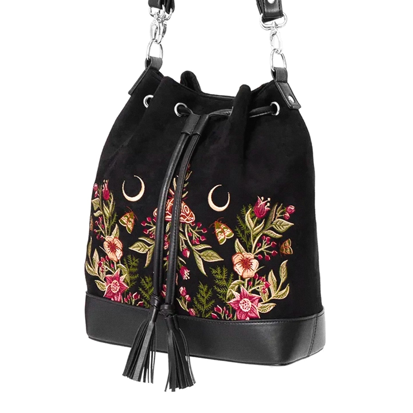 Bolso con bordado de polillas, flores y lunas estilo mágico acabado en terciopelo y piel sintética en forma de saco tipo bandolera y bolso de mano de restyle vista ángulo