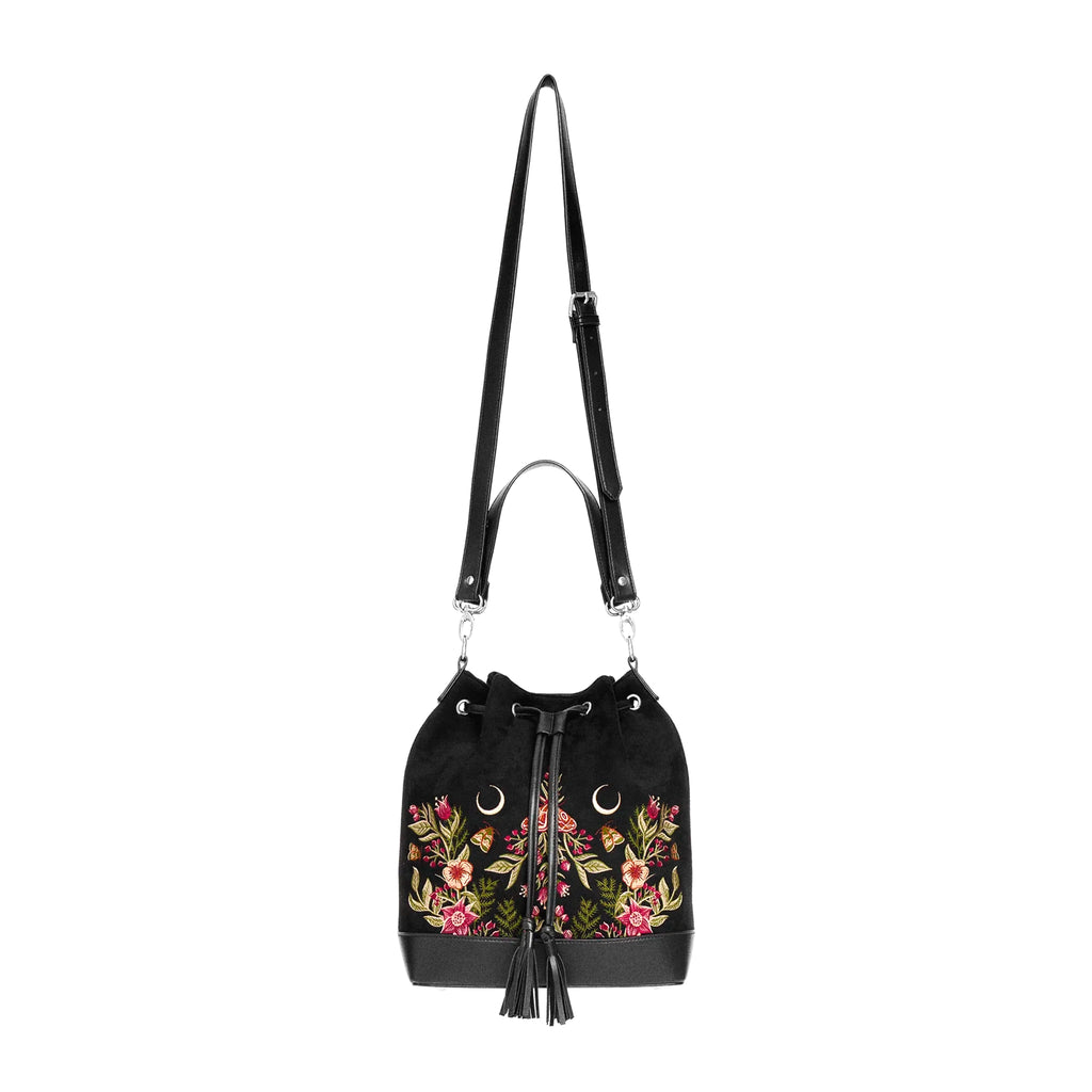 Bolso con bordado de polillas, flores y lunas estilo mágico acabado en terciopelo y piel sintética en forma de saco tipo bandolera y bolso de mano de restyle vista completa frontal