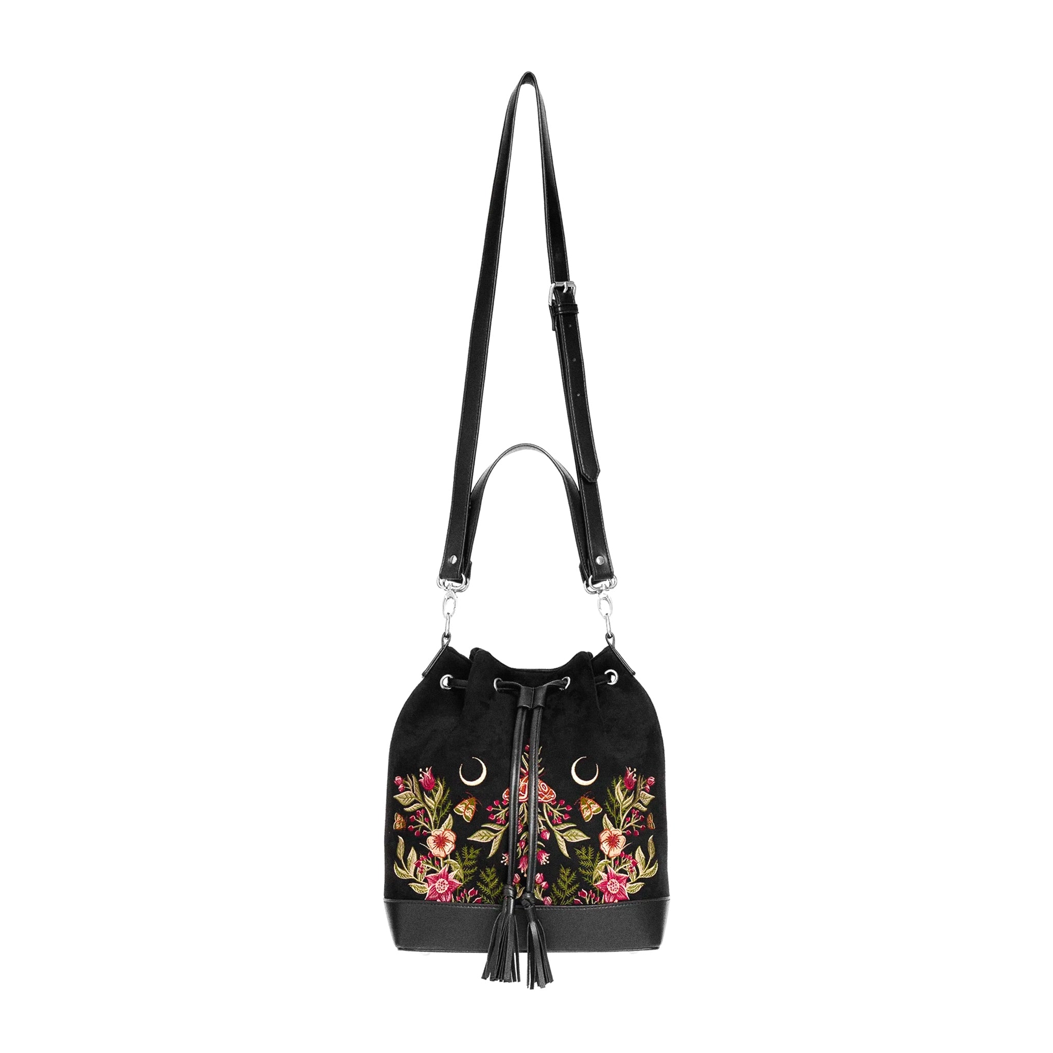 Bolso con bordado de polillas, flores y lunas estilo mágico acabado en terciopelo y piel sintética en forma de saco tipo bandolera y bolso de mano de restyle vista completa frontal