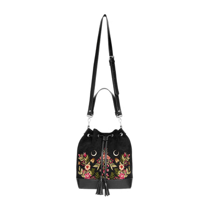 Bolso con bordado de polillas, flores y lunas estilo mágico acabado en terciopelo y piel sintética en forma de saco tipo bandolera y bolso de mano de restyle vista completa frontal