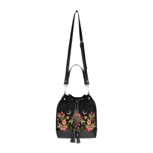  flores y lunas estilo mágico acabado en terciopelo y piel sintética en forma de saco tipo bandolera y bolso de mano de restyle vista completa frontal