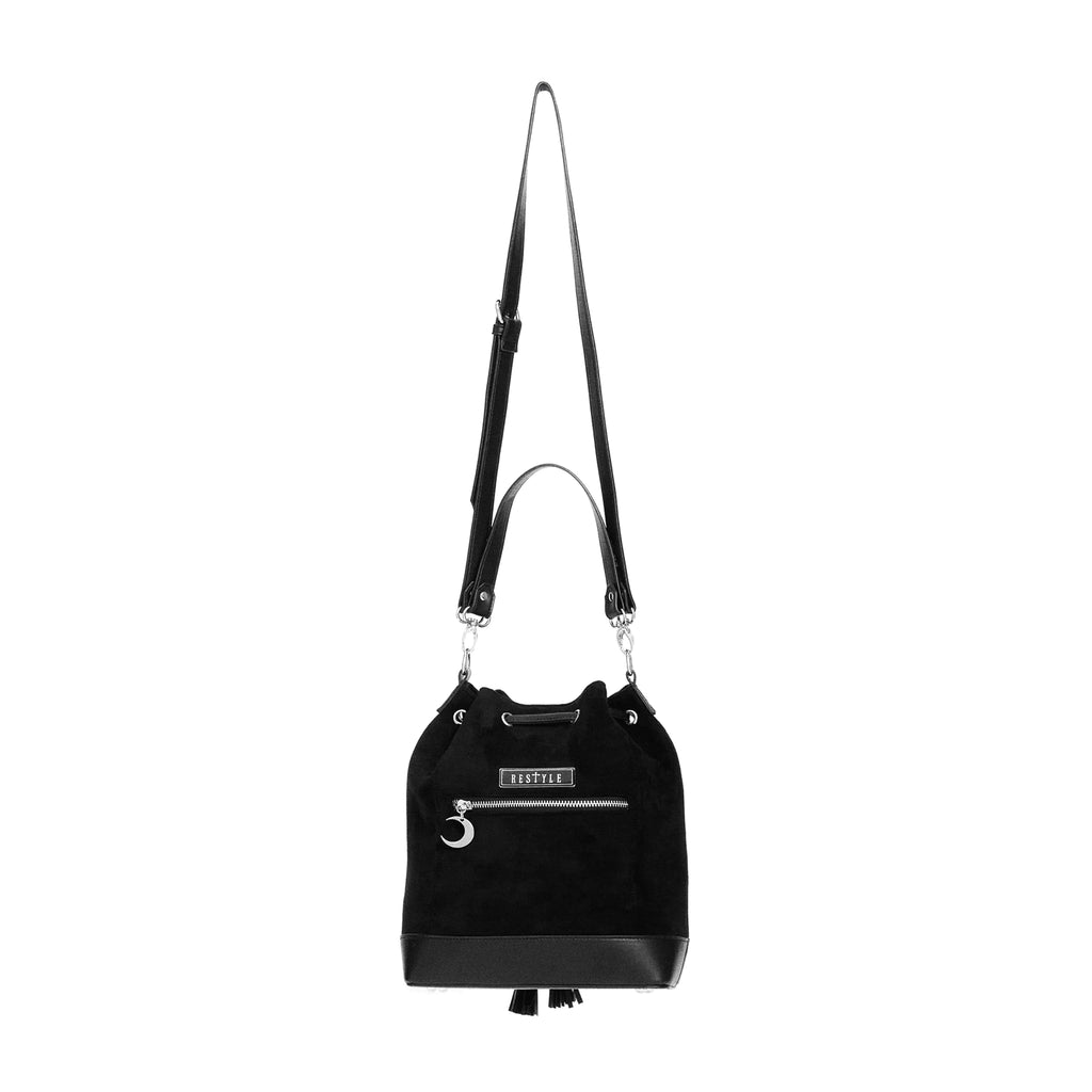 Bolso con bordado de polillas, flores y lunas estilo mágico acabado en terciopelo y piel sintética en forma de saco tipo bandolera y bolso de mano de restyle vista posterior completa