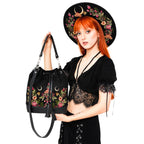  flores y lunas estilo mágico acabado en terciopelo y piel sintética en forma de saco tipo bandolera y bolso de mano de restyle vista con modelo