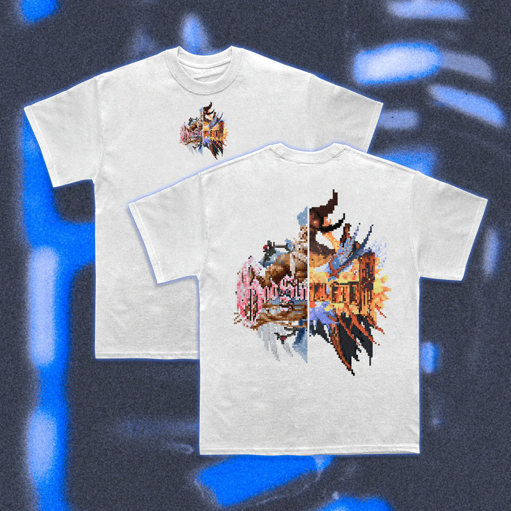  Halfcurve white t-shirt 'god devil simulator' print - front and rear view