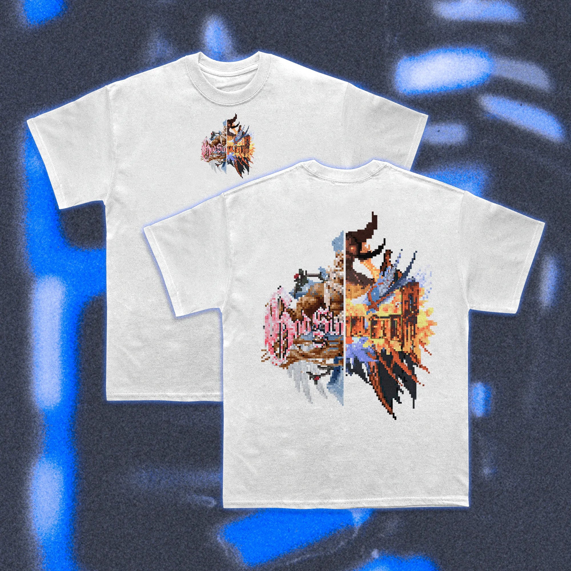  Halfcurve white t-shirt 'god devil simulator' print - front and rear view