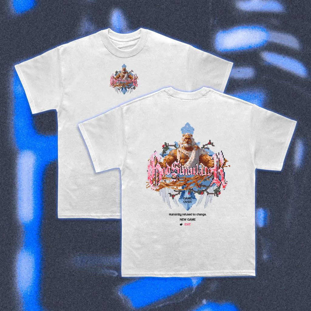  Halfcurve white t-shirt 'god simulator' print - front and rear view