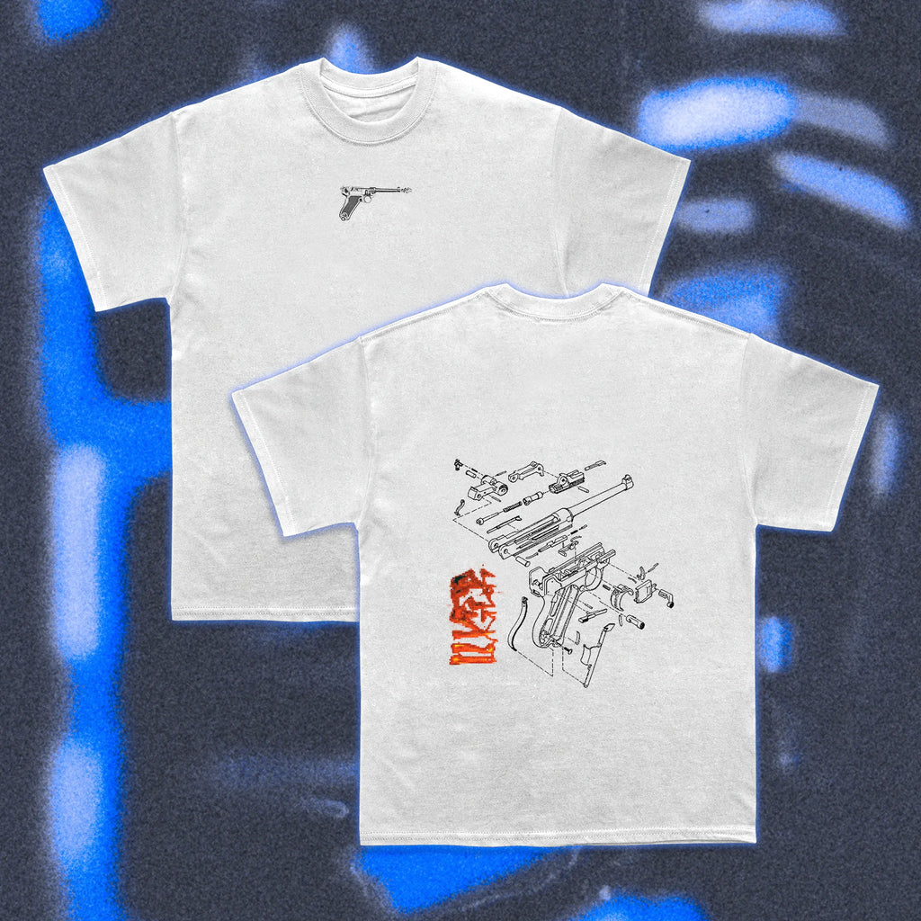  Halfcurve brand Luger design white short sleeve t-shirt - full view