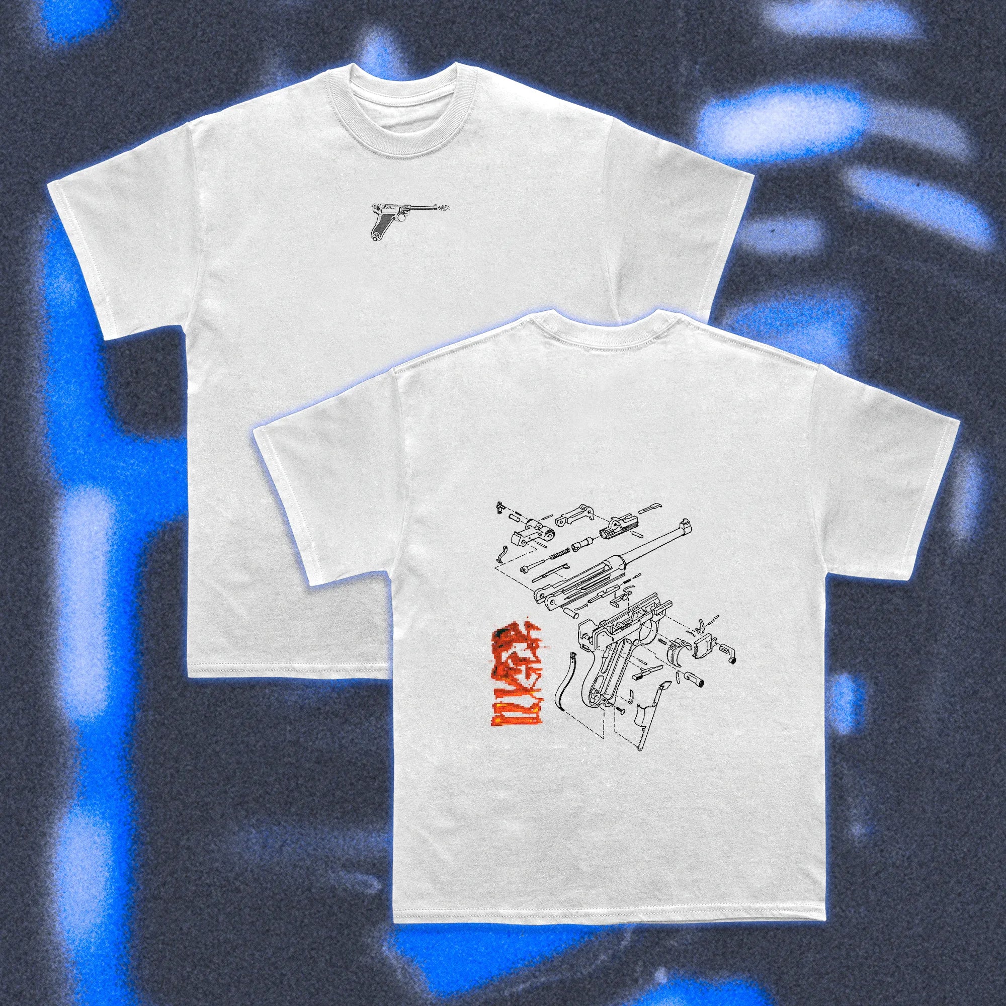  Halfcurve brand Luger design white short sleeve t-shirt - full view