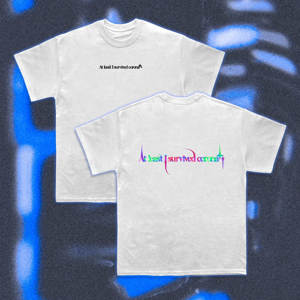  Halfcurve white t-shirt 'at least i survived corona' print - front and rear