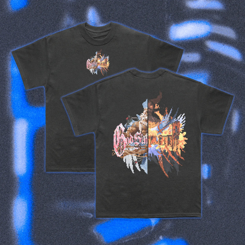  Halfcurve white t-shirt 'god devil simulator' print - front and rear view