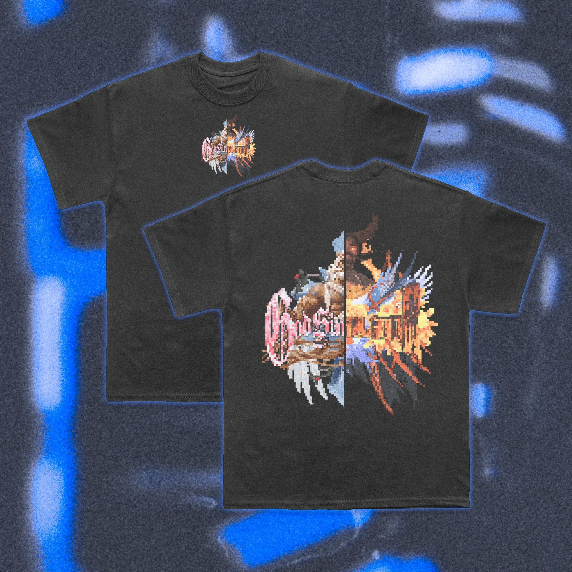  Halfcurve white t-shirt 'god devil simulator' print - front and rear view