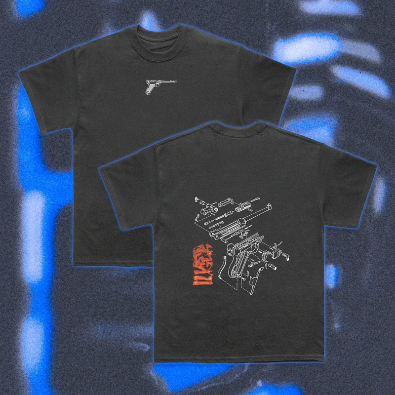 Camiseta Halfcurve Luger, esquema técnico arma histórica, estética data sheet