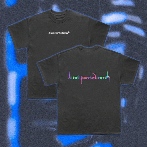  Halfcurve black t-shirt 'at least i survived corona' print - front and rear