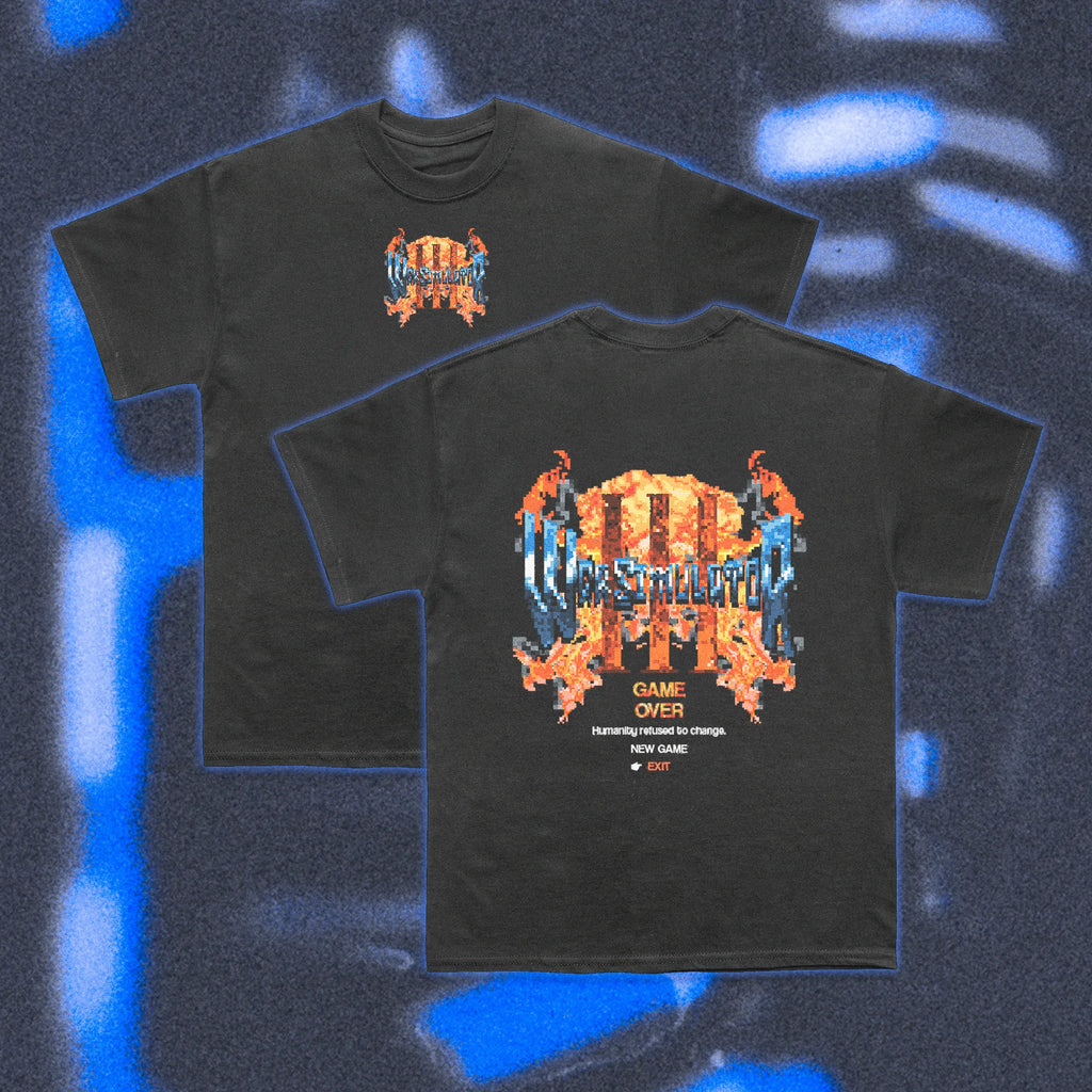  Halfcurve black t-shirt 'war simulator' print - front and rear view