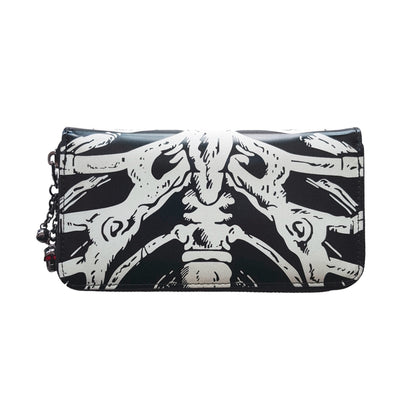 Cartera con estapado de esqueleto que brilla en la oscuridad y adorno calavera Skeleton de Banned Alternative color negro vista posterior