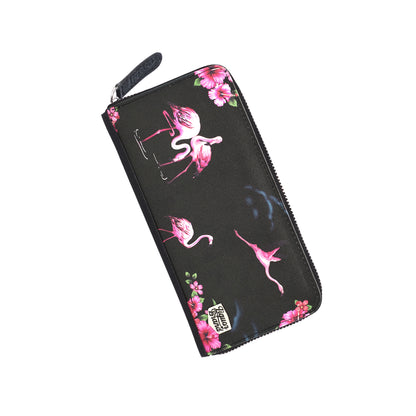 Cartera grande rectangular con estampado de flamencos y flores en color rosa de LiquorBrand vista ángulo