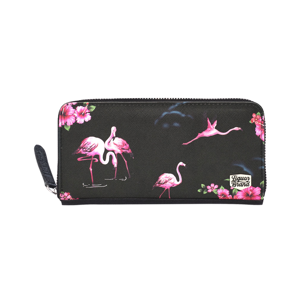 LiquorBrand large rectangular pink wallet with flamingo and flower print - front view