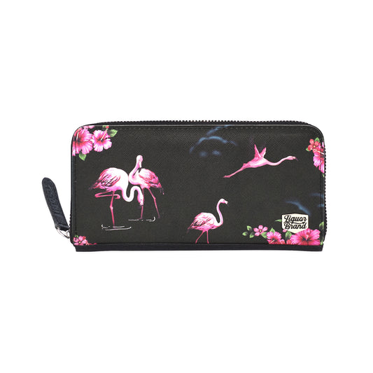 Cartera grande rectangular con estampado de flamencos y flores en color rosa de LiquorBrand vista frontal