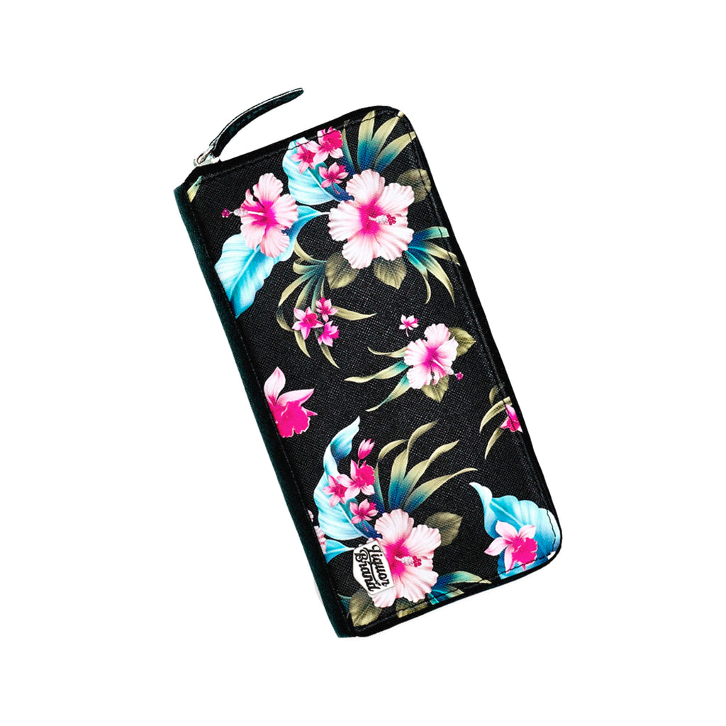  LiquorBrand large rectangular wallet with pink and blue Hawaiian floral print - angle view