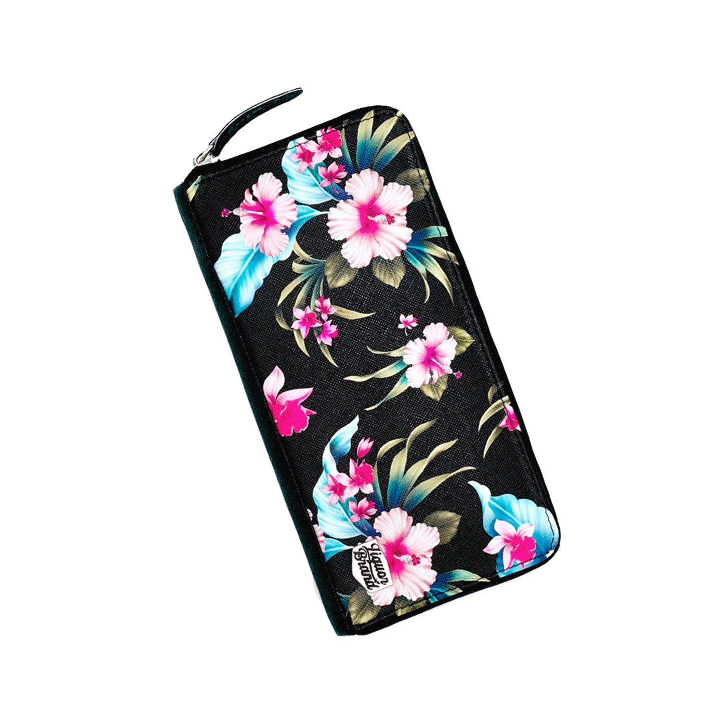 Cartera grande rectangular con estampado de flores hawaianas en rosa y azul de LiquorBrand vista ángulo