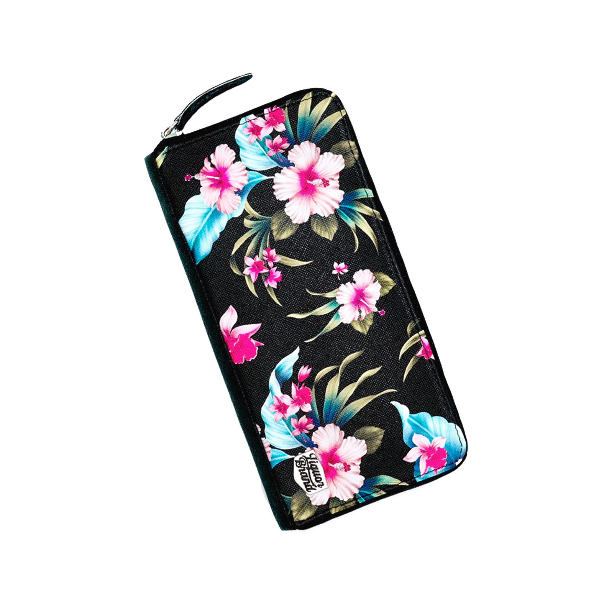  LiquorBrand large rectangular wallet with pink and blue Hawaiian floral print - angle view