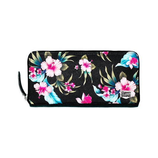 Cartera grande rectangular con estampado de flores hawaianas en rosa y azul de LiquorBrand vista frontal