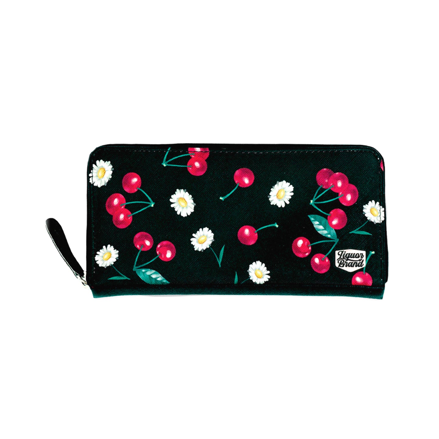 Cartera grande rectangular con estampado de margaritas y cerezas de Liquor Brand vista frontal