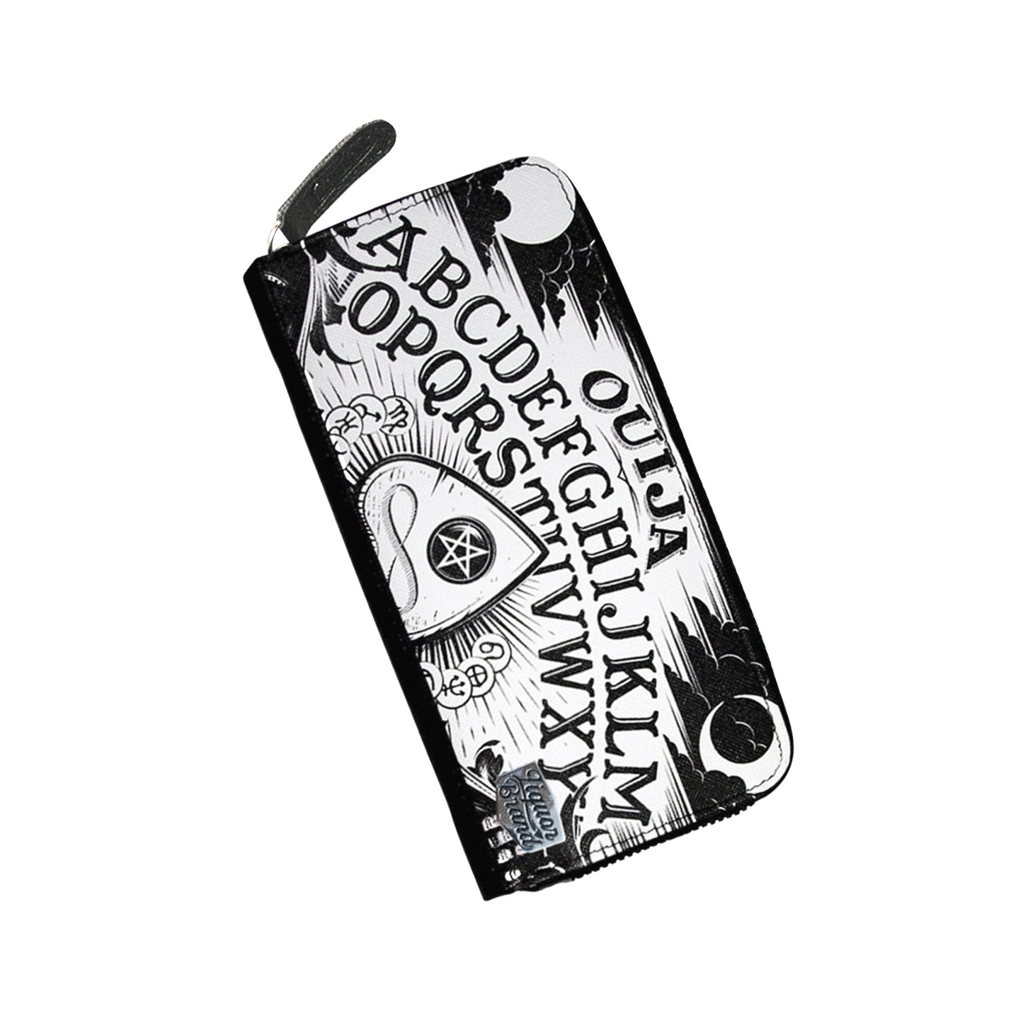 Cartera grande rectangular con estampado de ouija de LiquorBrand vista ángulo