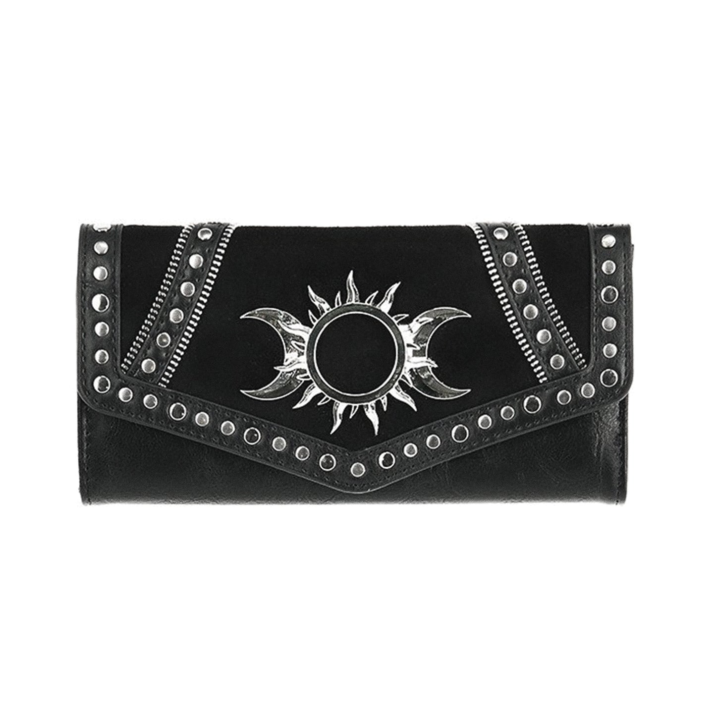 Cartera negra Triple Goddess de Restyle en color negro con tachuelas vista frontal