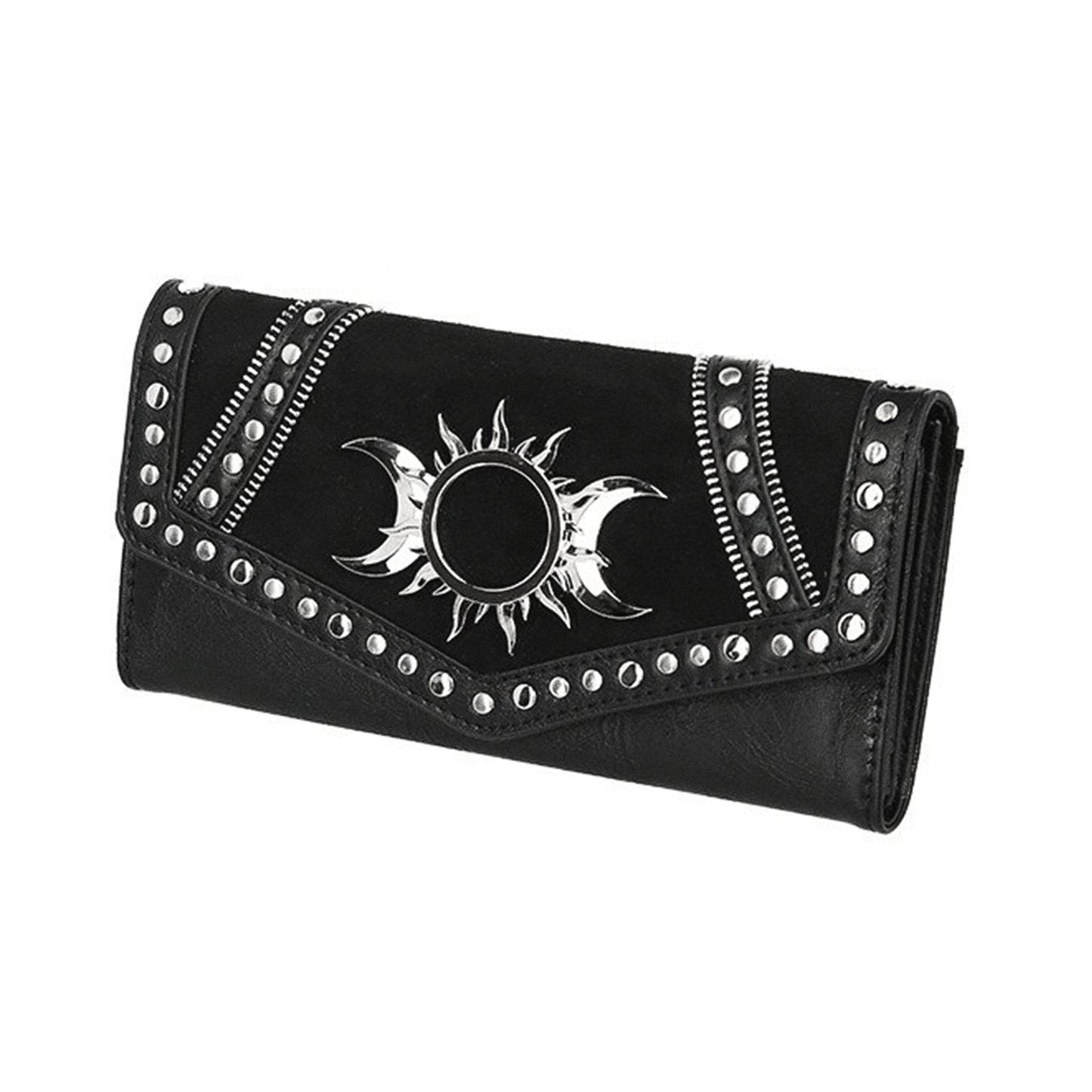 Cartera negra Triple Goddess de Restyle en color negro con tachuelas vista ángulo