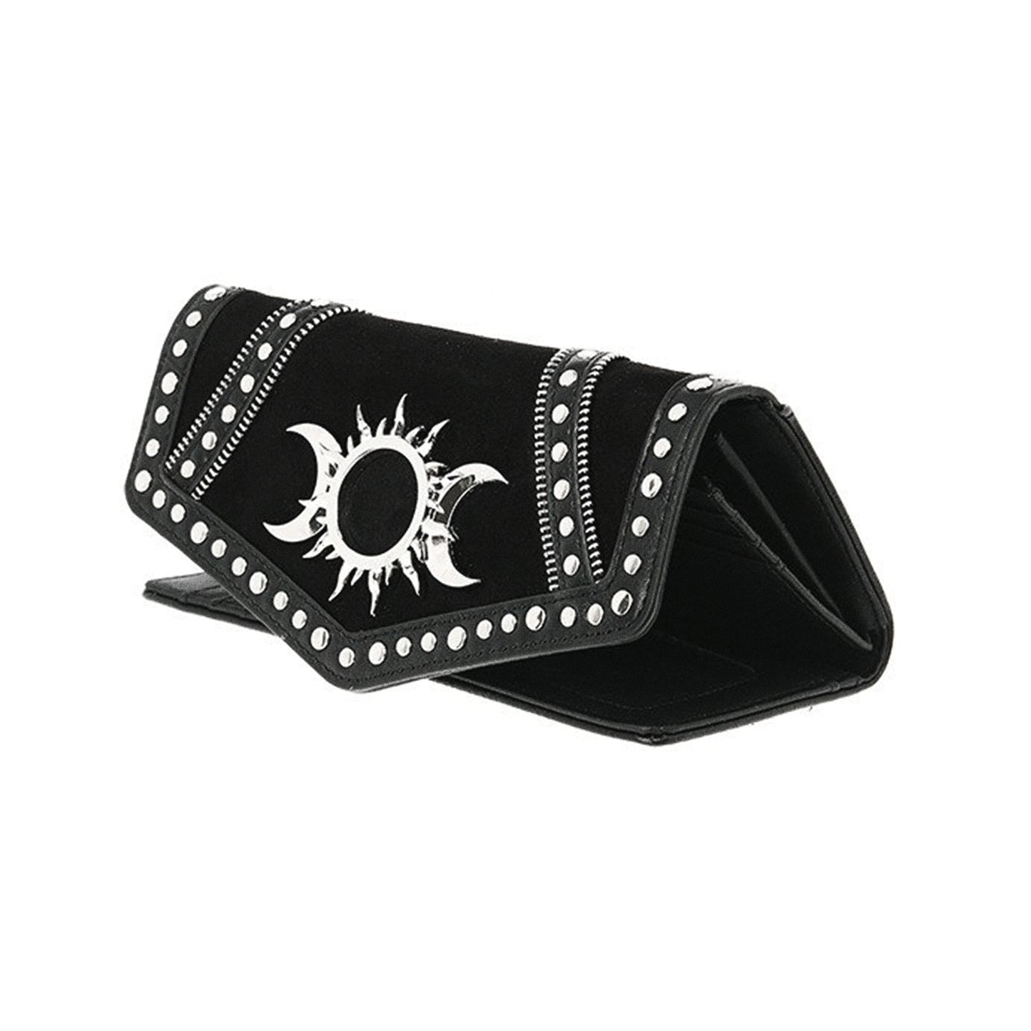 Cartera negra Triple Goddess de Restyle en color negro con tachuelas vista abierta