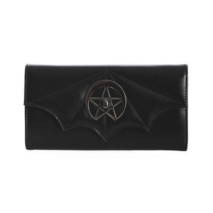 Cartera con detalle de murciélago y estrella metálica con cierre de broche estilo solapa modelo Dreamcatcher de Banned Alternativ vista frontal