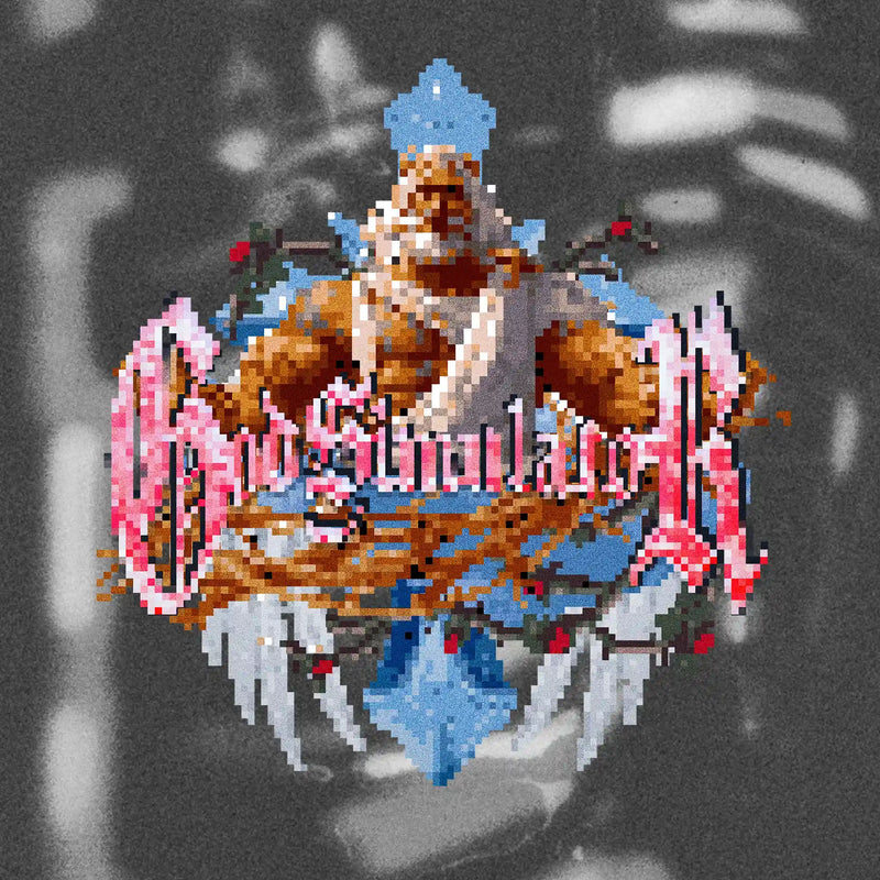 Detalle estampado God Simulator, interfaz videojuego vintage