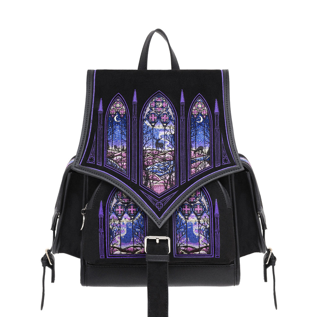 Mochila bordada con motivos de ventanales góticos y auroras boreales de la colección Northern Lights de Restyle en colores fríos y cálidos vista frontal