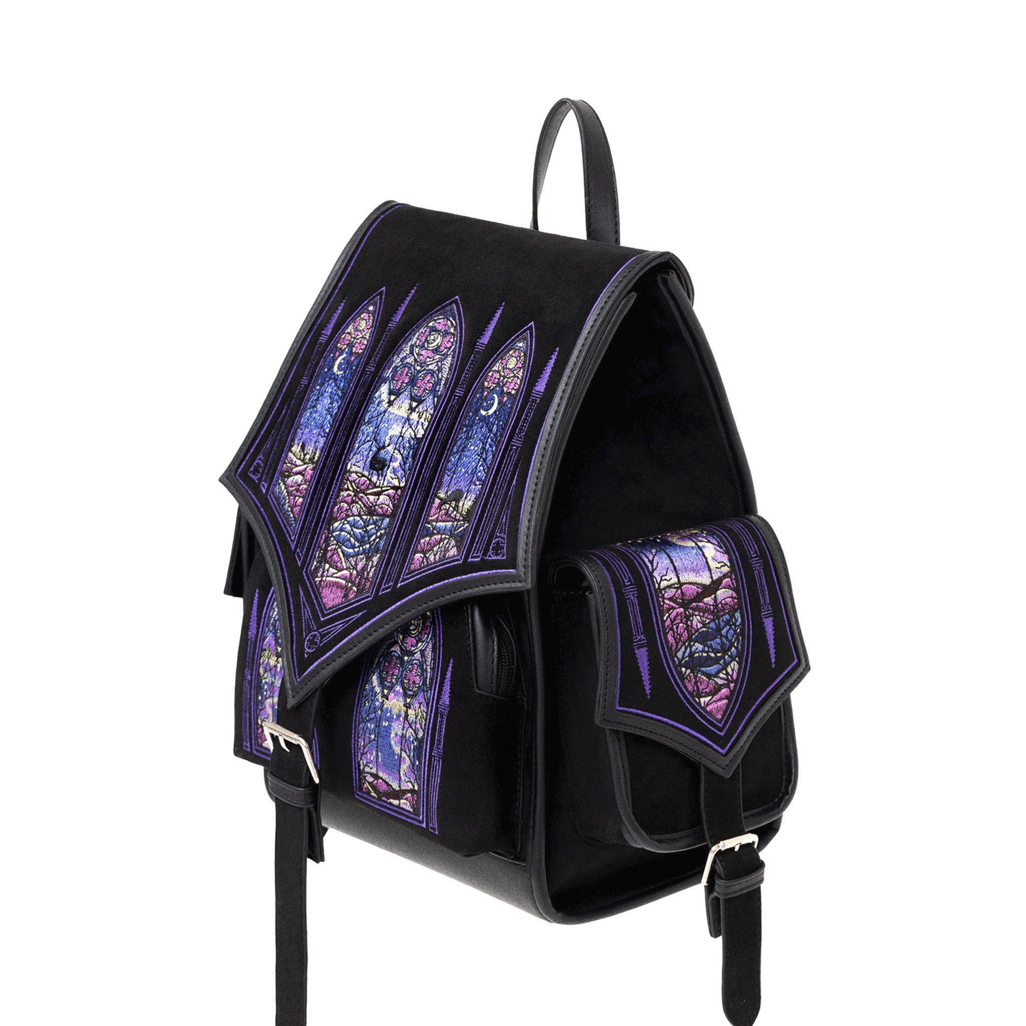 Mochila bordada con motivos de ventanales góticos y auroras boreales de la colección Northern Lights de Restyle en colores fríos y cálidos vista lateral