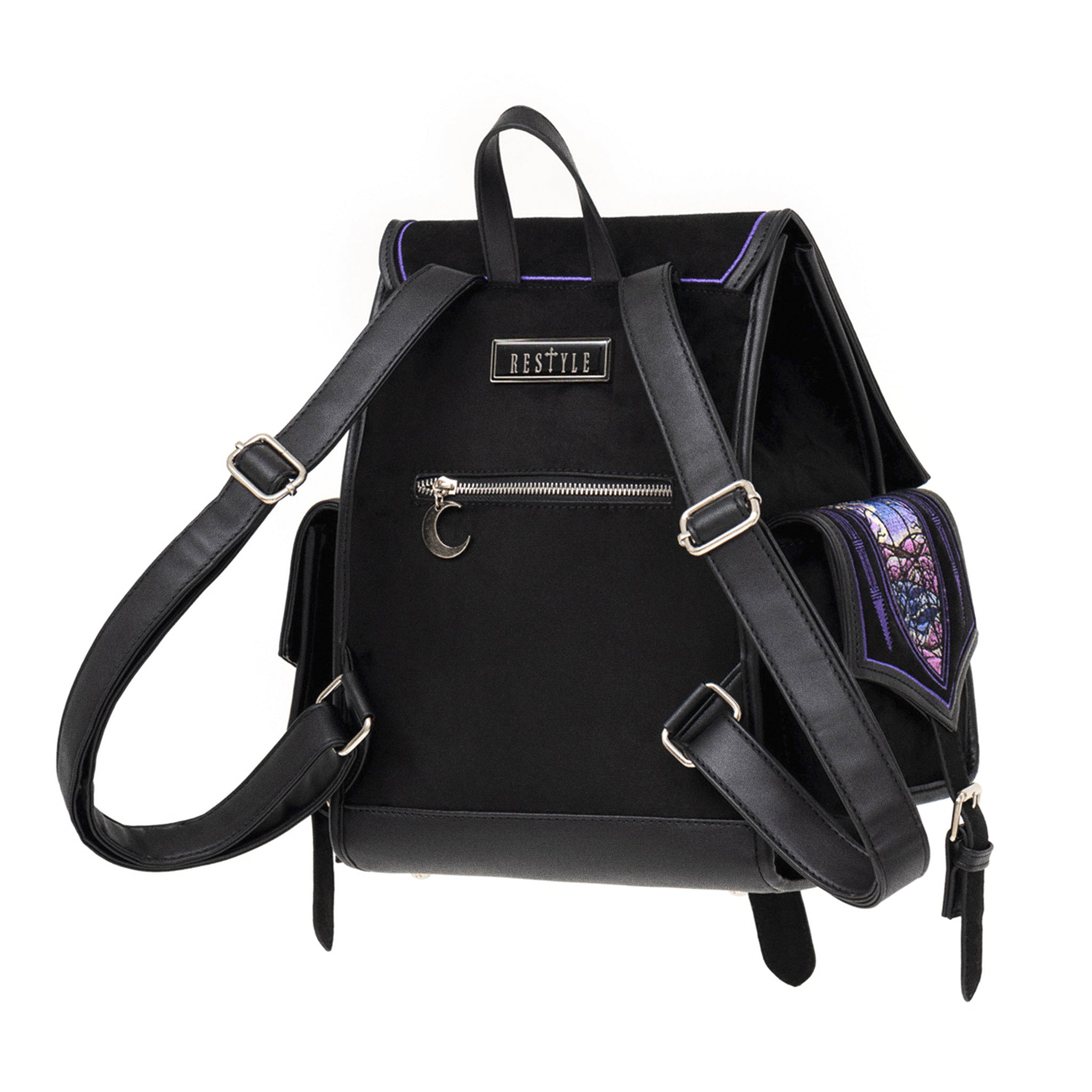 Mochila bordada con motivos de ventanales góticos y auroras boreales de la colección Northern Lights de Restyle en colores fríos y cálidos vista posterior ángulo