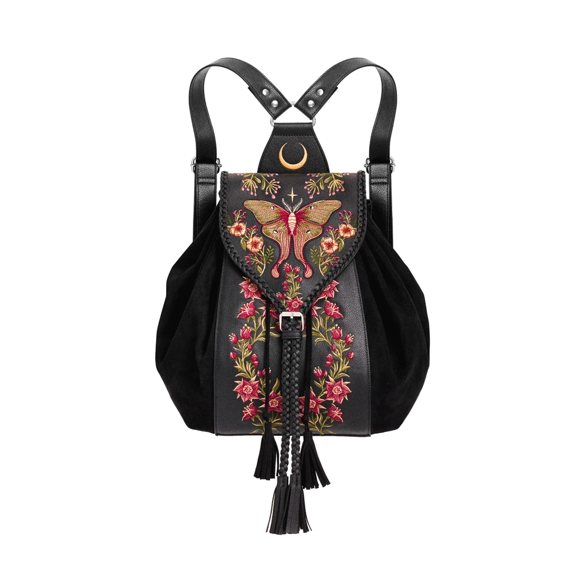 Mochila tipo bohemio con bordado de polilla, plantas y lunas acabado en cuero y ante sintéticos de restyle vista frontal