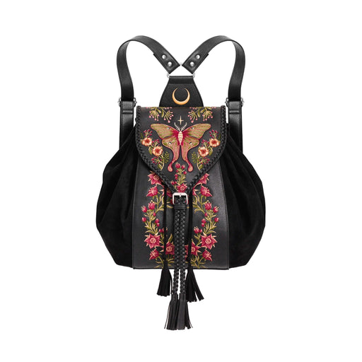 Mochila tipo bohemio con bordado de polilla, plantas y lunas acabado en cuero y ante sintéticos de restyle vista frontal